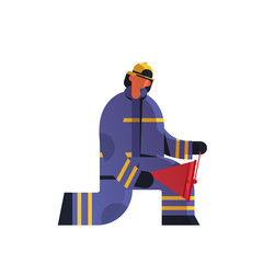 brave fireman using red buckets extinguishing fire firefighter wearing uniform and helmet firefighting emergency service concept flat white background full length vector illustration