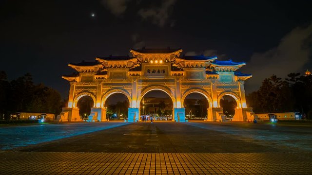 Time-lapse of Liberty Square main gate of Chiang Kai-Shek Memorial Hall at night in Taipei, Taiwan. the famous landmark
