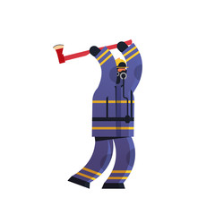 brave fireman using axe firefighter wearing uniform and helmet firefighting emergency service extinguishing fire concept flat white background full length vector illustration