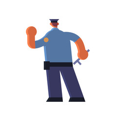 male police officer holding hand with stop gesture policeman in uniform holding stick security authority justice law service concept flat full length white background vector illustration
