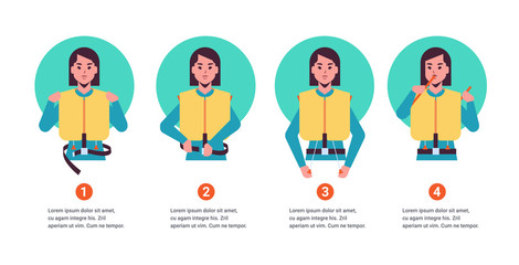 set guidance from the stewardess flight attendant woman explaining safety instructions with life vest step by step demonstration how to behave in emergency situation portrait horizontal copy space