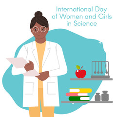 Physicist woman with folder. International Day of Women and Girls in Science. Woman scientist and physicist. Vector illustration in a flat style. Isolated white background.