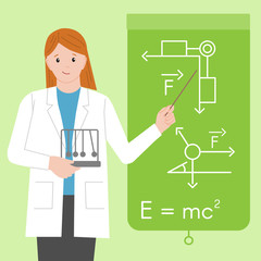 Physicist woman with pendulum and a pointer. International Day of Women and Girls in Science. Woman scientist and physicist. Vector illustration in a flat style. Isolated.