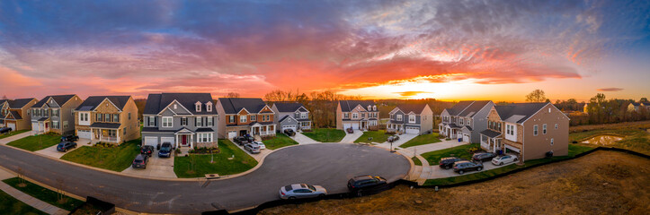 Aerial view of new construction cul-de-sac dead-end street with luxury houses in a Maryland upper...