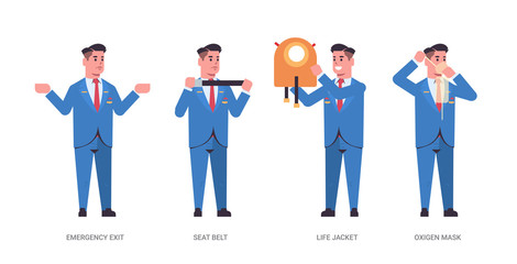 set guidance from steward explaining instructions with life vest seat belt emergency exit and oxygen mask male flight attendant in uniform safety demonstration concept horizontal full length vector