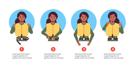 set guidance from stewardess african american flight attendant explaining instructions with life vest in emergency situation step by step safety demonstration concept portrait horizontal copy space