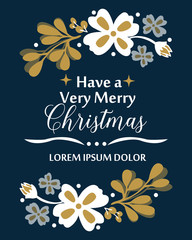 Handwritten card of very merry christmas, with shape unique leaf floral frame. Vector