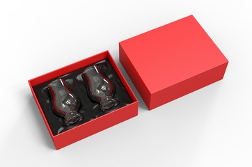 Crystal Whiskey Glasses gift hard box for branding. 3d render illustration.