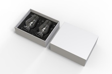 Crystal Whiskey Glasses gift hard box for branding. 3d render illustration.