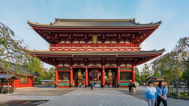 4K UHD time lapse of Asakusa sensoji gate, tourist crowd and blue sky in morning. Tokyo tourist attraction, Japan tourism, or Asian city life concept.