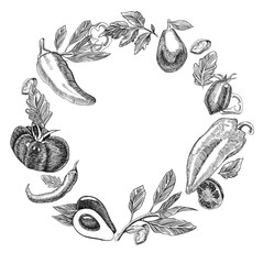 Round frame of different vegetables. Tomatoes, peppers, avocado. Leaves and branches, pieces of vegetables. Graphics. Hand drawn