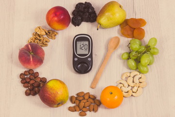 Glucometer for measuring sugar level and fresh nutritious food as source minerals, vitamins and fiber