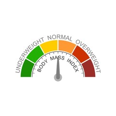Body mass index meter read normal level result. Color scale with arrow from red to green. The measuring device icon. Vector illustration in flat style. Colorful infographic gauge element