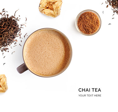Creative layout made of chai tea on white background. Flat lay. Food concept. Macro concept.