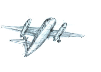 Airplane in the sky. Hand drawn pencil illustration