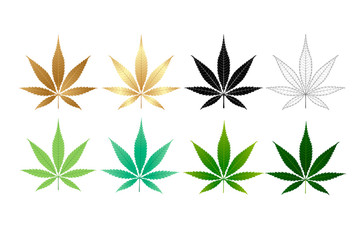 Vector Marijuana Green icon and blak Leaf set isolated on white background.