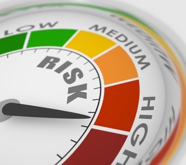 Color scale with arrow from red to green. The measuring device icon. Risk level indicator. Colorful infographic gauge element. 3D rendering