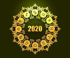 Naklejka premium Symbole astrologiczne w kręgu. . Szablon karty obchody nowego roku i Bożego Narodzenia. Koło zodiaku z numerem nowego roku 2020. Renderowanie 3D