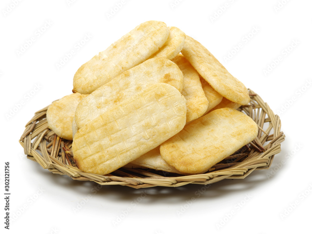 Wall mural Japanese rice cracker isolated on white background, Salty taste