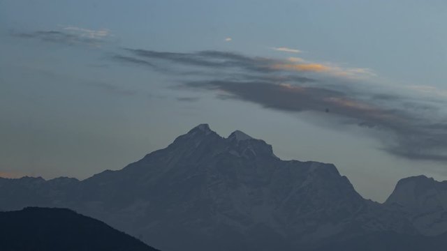 Sunrise time-lapse of Gauri-Shankar Mountain range as seen from Charikot Bazaar, Dolakha, Nepal. Tight Shot.
