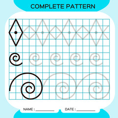 Complete pattern. Tracing Lines Activity For Early Years. Preschool worksheet for practicing fine motor skills. Tracing lines. Improving skills tasks. Blue. Spiral.