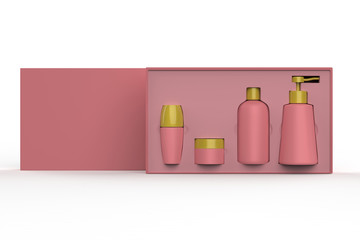 cosmetic bottle set in present box beauty product package blank templates of plastic containers. 3d illustration