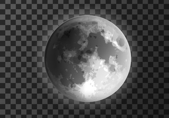 Moon weather meteo icon realistic vector illustration. Silver glowing full moon, crater surface. Realistic element for weather forecast, space object, isolated on transparent background