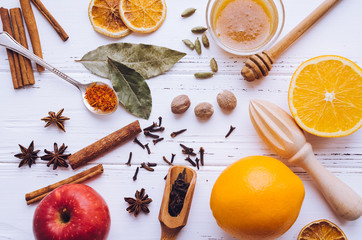 Christmas spices and ingredients for mulled wine