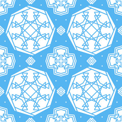 Seamless pattern in white and blue colors, inspired by snowflakes and icy winter scene. Perfect for print, fabric design, wrapping paper, packaging and other purposes.