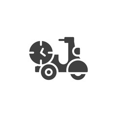 Scooter delivery time vector icon. Motor bike with clock filled flat sign for mobile concept and web design. Express delivery glyph icon. Symbol, logo illustration. Vector graphics