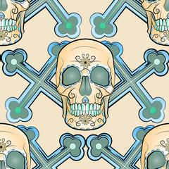 color seamless pattern in muted colors with the image of a human skull on the background of crosses, a symbol of the holiday Day of the dead