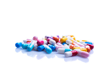 Variety of pills capsules panorama background