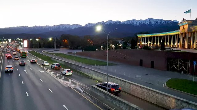 Car traffic in the morning on Al-Farabi avenue, it is one of the main roads in the city of Almaty, Kazakhstan