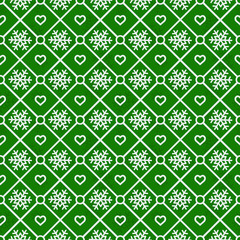 Vector seamless geometrical pattern with white snowflakes on green background; winter design for greeting card, gift box, wallpaper, wrapping paper, web design.