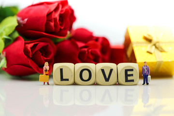 Miniature people : Couple lover and Love text wooden blocks with rose and gift box,Lover concept.