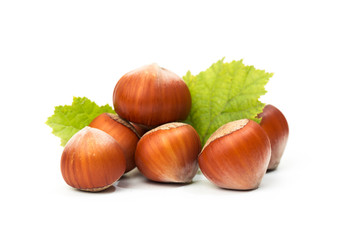 Hazelnut nut many leaves isolated on a white background as a packaging design element