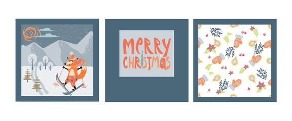 Set of Christmas cards with greeting inscription, skiing fox animal character and seamless pattern, vector illustration. Xmas and New Year winter holidays invitations and banners templates.