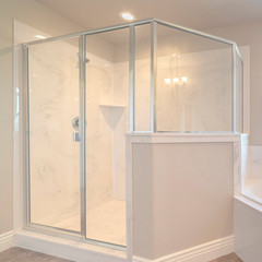 Square Contemporary marble bathroom shower and spa in white