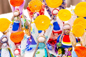 Russia, Samara, March 2019: Disposable Shrovetide dolls prepared for burning at the winter farewell...