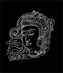 Black and white illustration of guan yin. Stylized deity guan yin.