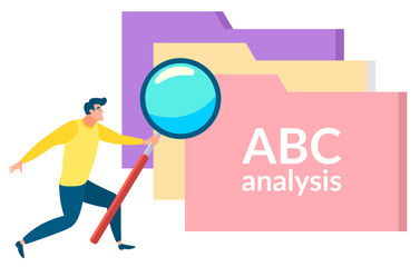 ABC analysis, isolated man with magnifying glass looking at files with research and statistics information. Studying basics character. Vector illustration in flat cartoon style