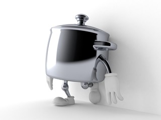 Kitchen pot character leaning on wall on white background