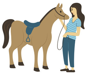 Woman caressing horse, full length view of female in casual clothes standing near stallion, rider and animal character with saddle, riding hobby. Vector illustration in flat cartoon style