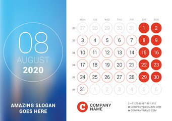 August 2020. Desk calendar. Design print template with place for photo. Week starts on Monday. Vector illustration
