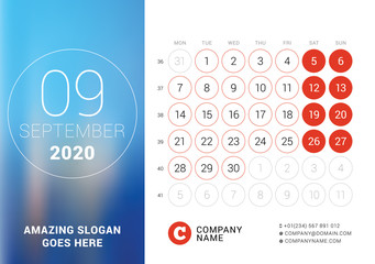 September 2020. Desk calendar. Design print template with place for photo. Week starts on Monday. Vector illustration