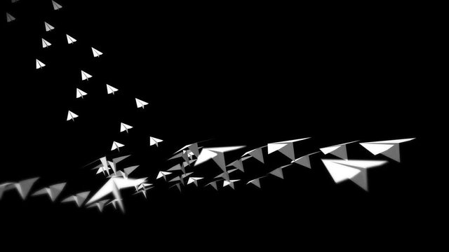 Origami airplane flying. Animation of flowing white paper plane on black background. Innovation concept. Business mail. Handmade paper plane. Design element.