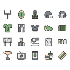 American football equipments and activities icon and symbol set.