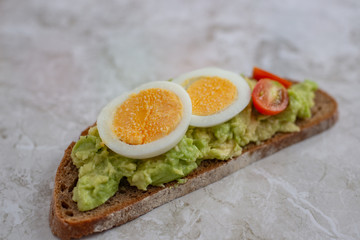 sliced avocado and egg on toasted bread for healthy breakfast
