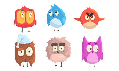 Cartoon birds with big eyes. Vector illustration.