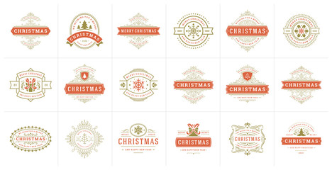 Christmas vector typography ornate labels and badges, happy new year and winter holidays wishes for vector illustration